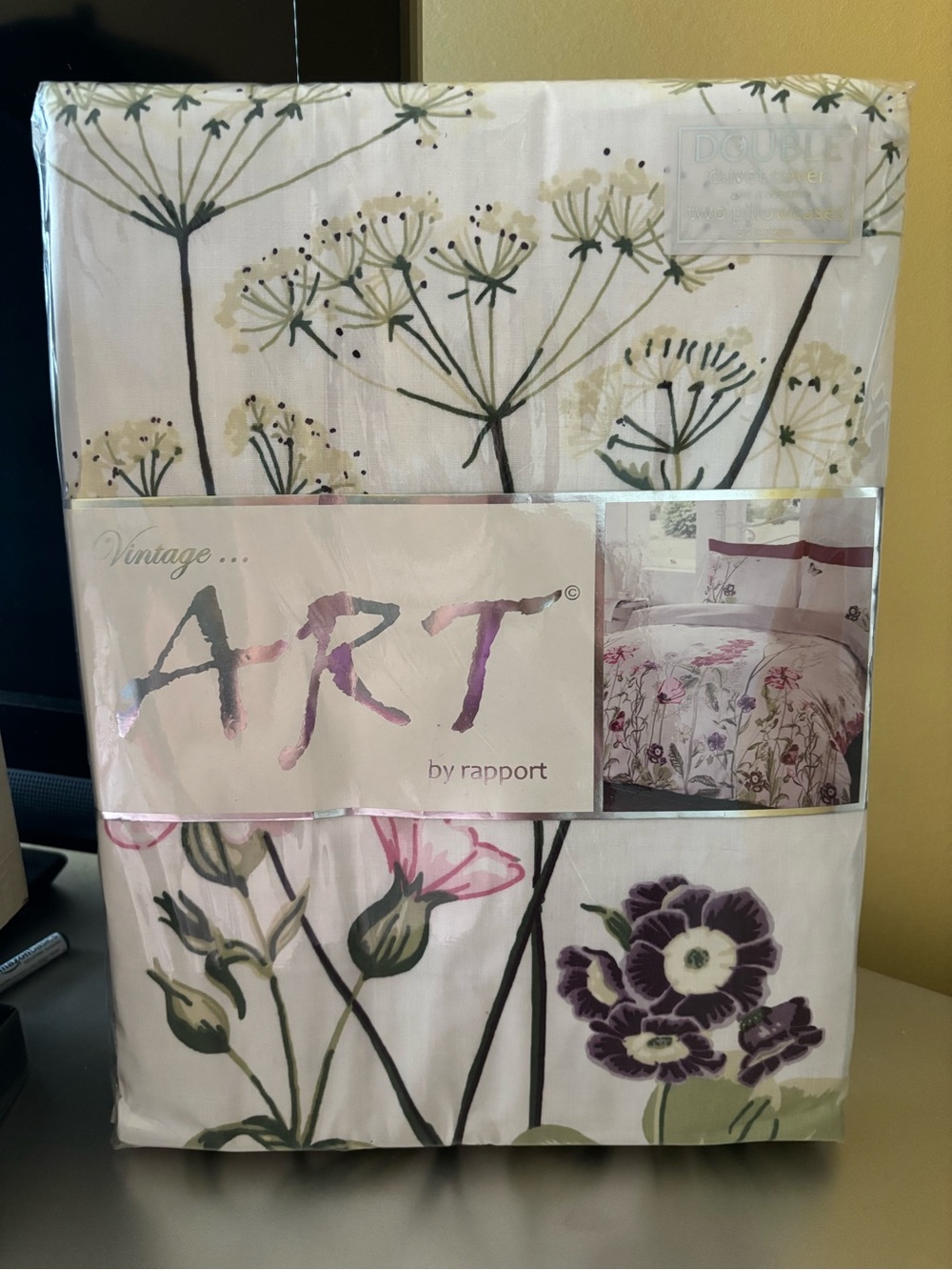 Vintage Art by Floral Duvet Cover - White with Green, Pink & Purple